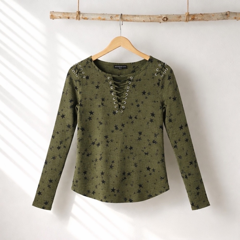 Generation Love Linen Star Celestial Print Lace Up Tee Army Green Rocker Punk L‎
